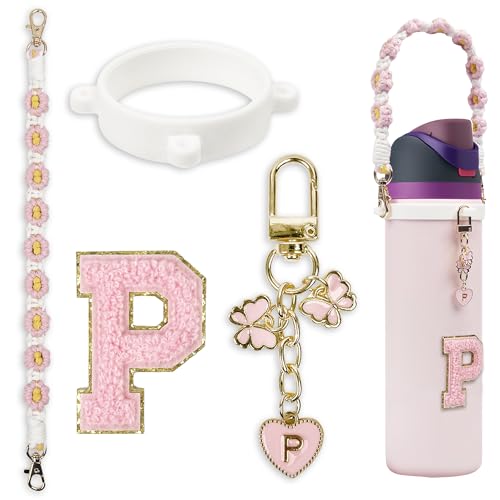 Cute Letter Charm Set with Secure Handle Strap, Silicone Ring, Monogram Sticker and Personalized Decoration for Owala Compatible Water Bottle, Travel Carry, School, Gift and Daily Use (Pink, P)