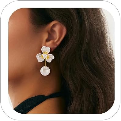 Women Flower Earring Pearl Drop Dangle Earring Gold Statement Earrings Trendy White earrings Wedding Earrings Fun Earring Summer Jewelry