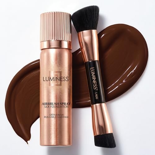 LUMINESS Silk Airbrush Spray Foundation & Buffing Brush Kit – Full Coverage Foundation & Dual-Sided Buffing Brush - Buildable Coverage, Anti-Aging Formula Hydrates & Moisturizes (Shade - Rich)