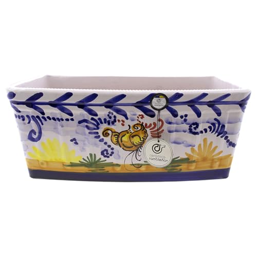 CERÁMICA RAMBLEÑA | Jardinera | Jardinera balcón | Jardinera Exterior | Jardinera Rectangular | Jardinera Decorado montería - Modelo J03 | 100% Decorada a Mano | 41x19x18 cm
