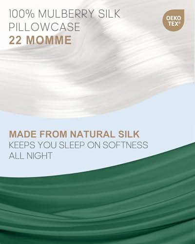 Image of THXSILK Set of 2 100% Pure Mulberry Silk Pillowcases for Hair and Skin, 6A+ Grade 22 Momme Silk Pillow Case Queen Size 20 inchx30 inch, Real Silk Pillowcases with Zipper (Emerald Green)