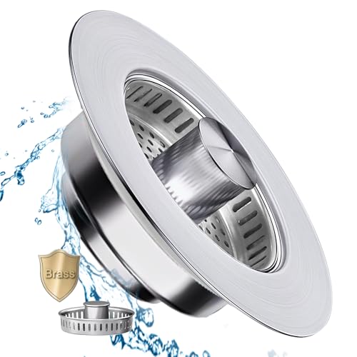 Universal Kitchen Sink Drain Strainer 3 in 1 【 304 Stainless Steel & Brass Material】 Pop Up Kitchen Sink Stopper with Metal Basket Strainer