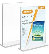 Flow fire A4 Acrylic Sign Holder, 2 Pack T-Shape A4 Clear Perspex Display Stand, Double-Side Menu...