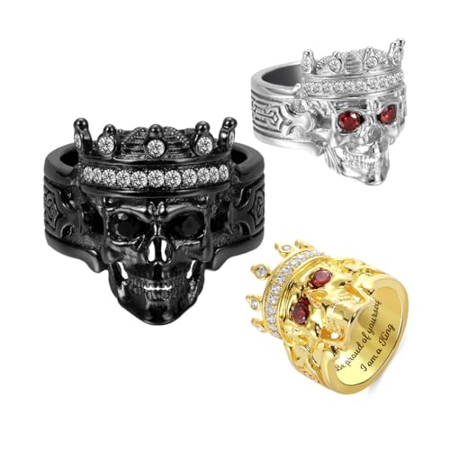 Getname Necklace Silver/Black Skull King Ring for Men with Crown Eye Stones - Biker Jewelry Birthday Gift for him - Mens Skeleton Punk Ring with Delicate Gift Box