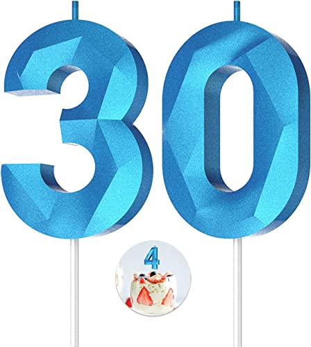 Number Birthday Candles(30 Candle Blue) 3D Diamond Shape Number Happy Birthday Cake Candles for Birthday Party Wedding Decoration Reunions Theme Party