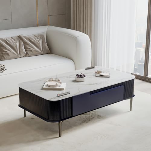 Image of DecorNation Valencia Faux Marble Coffee Table - Modern Center Table for Living Room, Metal Legs, Midnight Azure Finish | Living Room Furniture, Centre Table with Storage Drawer