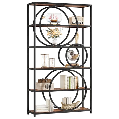 Image of Tribesigns 5-Tier Bookshelf, 71 inch H Industrial Book Shelf Large Bookcases & Bookshelves with Chic Circular Design, Tall Open Display Shelf Storage Rack for Home Office(Rustic Brown, 2PC)