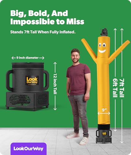 Image of LookOurWay Air Dancers Wacky Waving Inflatable Tube Guy - 7ft Tall Inflatable Advertising Waving Dancing Man with Sky Dancer Blower - Yellow