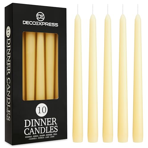 DECO EXPRESS Candles Set, Pack of 10 Classic Dripless Tapered Metallic Dinner Candles, Unscented with 8 Hours Burning Time, Home, Valentine’s Day & Mother’s Day Decor Idea (Ivory, 10 Pack)