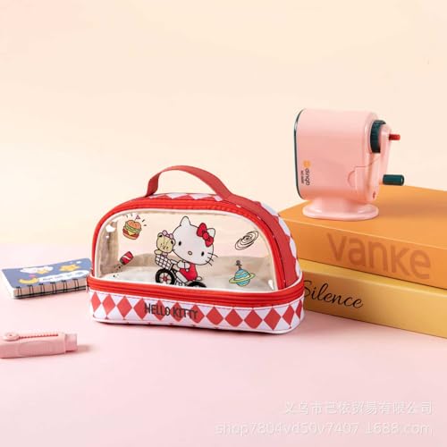 Image of Hello Kitty Cartoon Storage Pen Bag - Large Capacity Transparent Double Layer Portable Stationery Case - Red Pencil Case for Boys & Girls Multifunctional Soft Pouch for School Kids