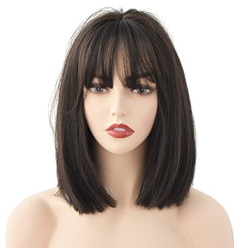 Short Bob Wigs with Air Bangs Ombre Synthetic Colorful Cosplay Daily Party Wig for Women（14inch,Black Tea）