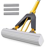 Masthome PVA Sponge Mop, Easy Floor Mop with 3 Super Absorbent Foam Heads, Hands-Free Extended Self Squeeze Mops with Stainless Steel Handle, Sponges Mops for Cleaning Laminate, Tile, Hardwood Floor