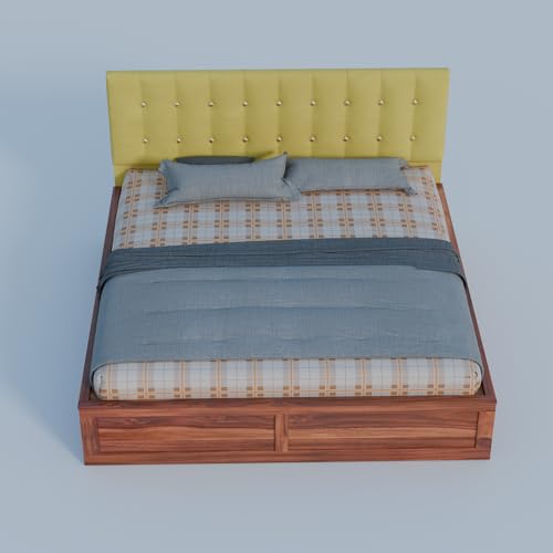 Image of Sheesham Wood King Size Bed With Storage Box | Upholstered Beds | Platform Cot With Cushioned Headboard | Double Bed For Home | Recommended Mattress 78x72 Inch | Mustard Yellow & Honey Finish