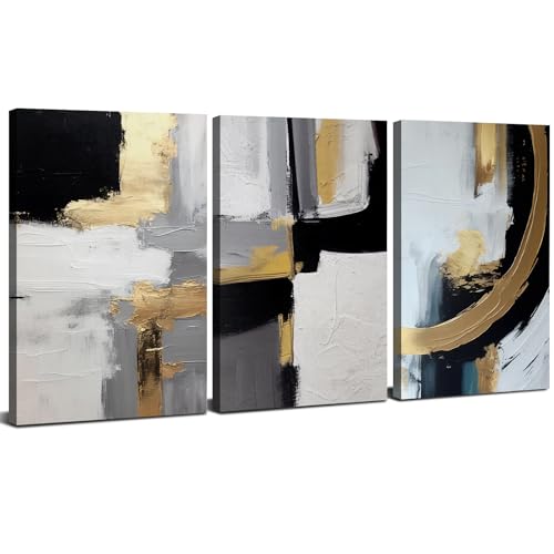 Set of 3 Wall Art Abstract Framed Canvas Wall Art Black and White Pictures for Living Room Bedroom Neutral Grey and Gold Wall Prints Modern Canvas Artwork for Office Hallway Home Decoration 30x40cm
