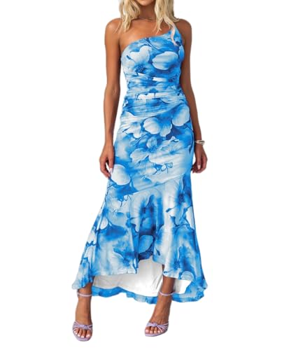 Women's Floral One Shoulder Bodycon Corset Ruched Fishtail Maxi Dress Night Out Long Dresses, Blue, M