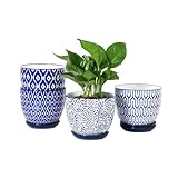 Selamica Ceramic Plant Pots, 5.6 Inch Flower Pots for Indoor Plants with Drainage Hole and Saucer,Home Decor, Set of 4, Vintage Blue