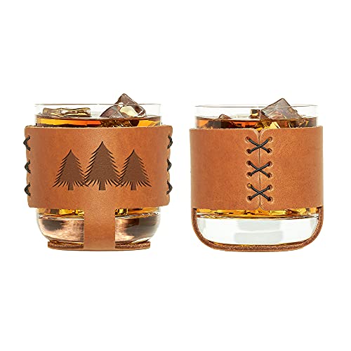 Oowee Products | Pine Trees Leather Wrapped Rocks Glass | Box Set | Comes With Two 9.6 Ounce Glasses | Genuine Leather | Made In The Usa #TOP2