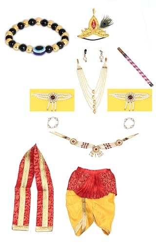 Image of Raj Fancy Dresses Shri Krishna Dress for Baby Boy & Girl, Janmashtmi Dress with Diaper-friendly Dhoti & Dupatta, Mor Pankh Mukut