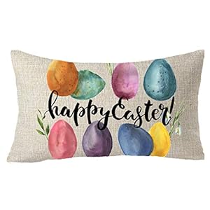 Happy Easter Colored Eggs Spring Blessing Cotton Linen Decorative Throw Pillow Cover Cushion Case Lumbar 12×20 inches (Beige)