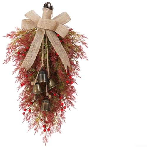 Vilgftyiet Ghirlanda natalizia reversibile con campane, bacche e fiocco in iuta per porta o parete