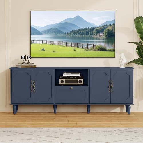 SEREMOVE 67" Vintage TV Stand for 75+ inch TVs, Wood Entertainment Center with Storage Drawer, Mid-Century Modern Media Console with Adjustable Shelves, Blue TV Cabinet for Living Room, Bedroom