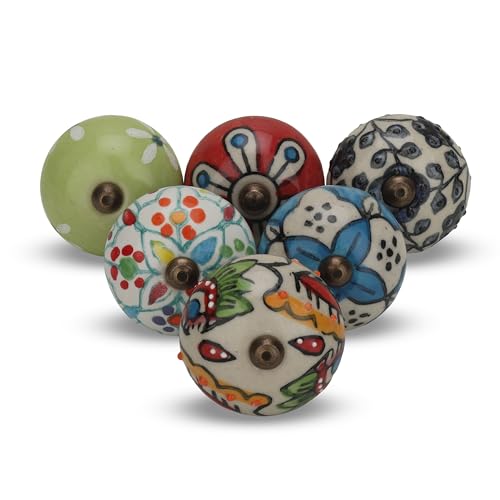 FURNISHFUL FINESSE Multicolor Ceramic Knobs for Cupboards and Drawers Assorted Kitchen Cabinet Knob Door Pull Handle for Dresser Wardrobes Boho Home Interior Decor - Pack of 6 by FURNISHFUL FINESSE - Used condition - US$11.70