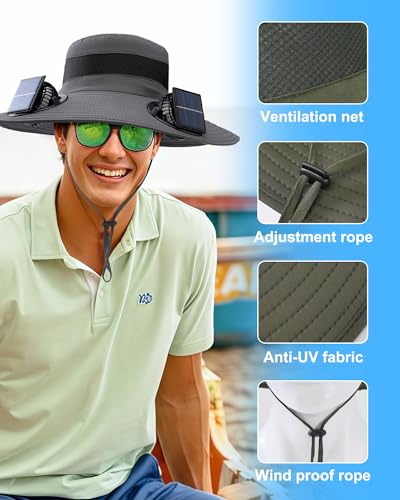 Solar Panel Powered Fan Built in Wide Brim Outdoor Fishing Sun Hat USB Charging Men Beach Essential Summer Must Have Safari Accessories Hike Equipment Camping Gear Item Stuff Necessities Things Gadget