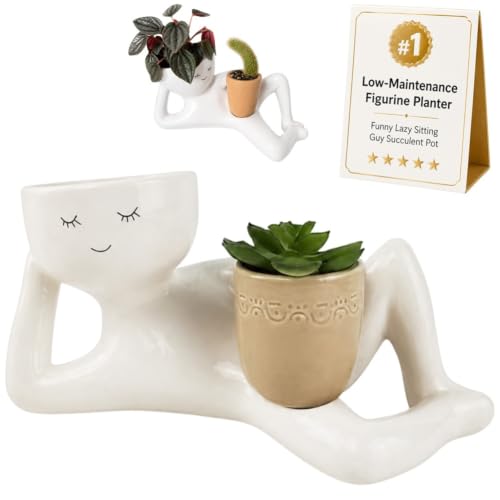 PMLQZA Low-Maintenance Figurine Planter, Funny Lazy Sitting Guy Succulent Pot, Face Shaped Flowerpot for Small Plants, Garden Desk Shelf Decor and Quirky Home Gift for Indoor Outdoor Use(Yellow)