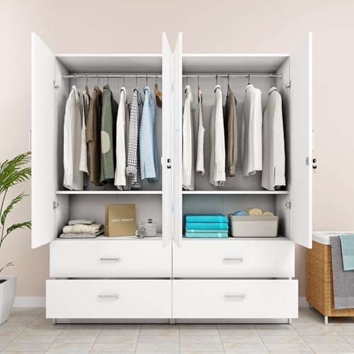 Image of VIKI Wardrobe | Wooden Almirah for 4 Door 4 Drawer with Shelves & Hanging Space Wardrobe (Frosty White - 40D x 160W x 180.8H) | 1 Year Warranty | Free Assembly
