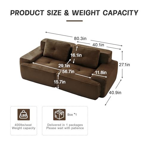 Image of 82 inch Modern Modular Boneless Couch for Living Room, 2 Seat, Soft Corduroy Fabric, Deep Seat Cloud sectional Sofa with Pearl Like Piping and Tufted Design, No Assembly, Anti Slip, Brown