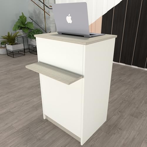 Henor Comptoir de Réception EGA. 62 x 50/65 x 102 cm. Meuble d'accueil pour Bureau, Boutique, Clinique ou Salon Blanc et Chêne Stel