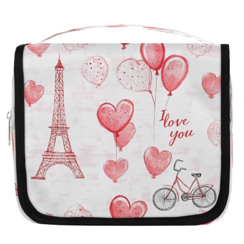 Beauty case da viaggio per San Valentino con torre Eiffel e cuore, con gancio per appenderlo, organizer per trucchi impermeabile da appendere, borsa cosmetica portatile per donne e uomini, accessori
