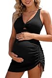 SHEKINI Damen Umstandsbadeanzug Zweiteiliges Set mit gerafftem Oberteil und Badeshorts(Large, Schwarz)