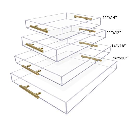 Isaac Jacobs Clear Acrylic Serving Tray (16x20) with Gold Metal Handles, Spill-Proof, Stackable Organizer, Food & Drinks Server, Indoors/Outdoors, Lucite Storage Décor (16x20, Clear with Gold Handle)