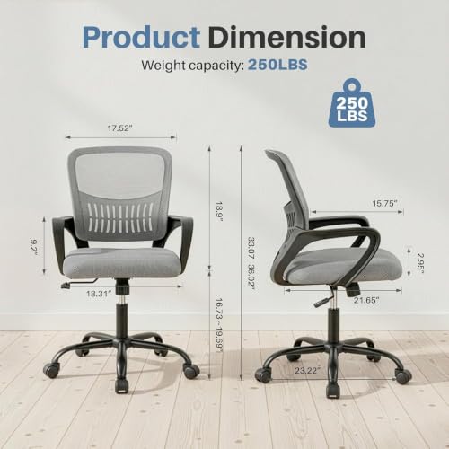 Image of DUMOS Home Office Chair, Ergonomic Lumbar Support Desk Chair | Mid Back Mesh, Height Adjustable Fixed Armrest, Rocking Mode 360 Swivel, Conference Computer, Grey