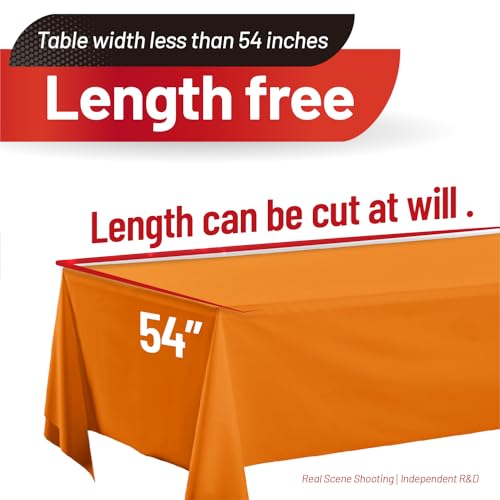 Image of Plastic Table Cloth, 310 Ft X 54 in Disposable Tablecloth Orange Tablecloth Premium PEVA Plastic Table Cloth Disposable with Any Cut Sliding Cutters for Picnics, Parties, Birthdays, Festivals