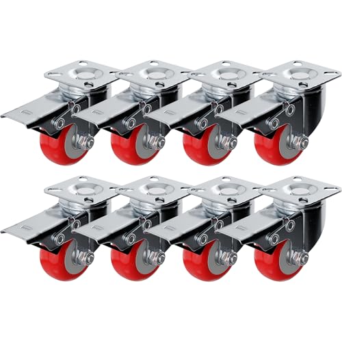Online Best Service 8 Pack with Brake Caster Wheels Swivel Plate Casters On Red Polyurethane Wheels
