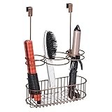 mDesign Over Door Bathroom Hair Hot Styling Tool Organizer Storage Basket for Hair Dryer, Flat Iron, Curling Wand, Hair Straightener - Hang Inside/Outside Cabinet Doors, 3 Sections - Venetian Bronze
