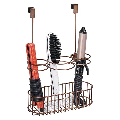 mDesign Over Door Bathroom Hair Hot Styling Tool Organizer Storage Basket for Hair Dryer, Flat Iron, Curling Wand, Hair Straightener - Hang Inside/Outside Cabinet Doors, 3 Sections - Venetian Bronze
