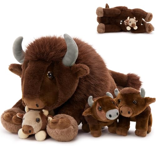 MorisMos 4Pcs Bison Stuffed Animal, 18inch Bison Mommy with 3 Baby Plush Toy, Soft Buffalo Wild Stuffed Animals Gift for Kids, Boys, Girls