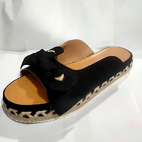 Hhzy Wedges Sandals For Women 2021 Summer Open Toe Suede Mules Bow Platform Breathable Beach Sandals Comfy Slip-On Straw Casual Wedges Shoes,Black,Us7/Eu38 #TOP7