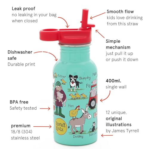 Tyrrell Katz Kids Water Bottle with Straw, Farm Design, Stainless Steel Water Bottles for School, BPA-Free, Leak Proof, Dishwasher Safe, 400ml - Image 3