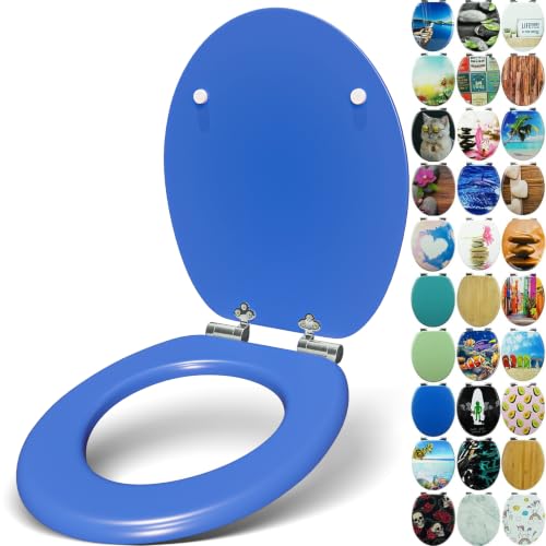Sanfino® Premium Abattant WC en bois avec frein de chute, qualité supérieure, nombreux motifs colorés, confortable, installation facile, notice de montage incluse – "Deep Blue"