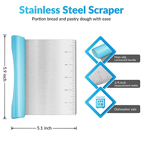 Rainspire Bench Scraper, Stainless Steel Dough Scraper, Pastry Scraper, Pizza and Dough Cutter Multi-Purpose Scraper/Chopper, Pizza Cutter Food Chopper Baking Supplies Kitchen Gadgets, Blue - Thumbnail 2