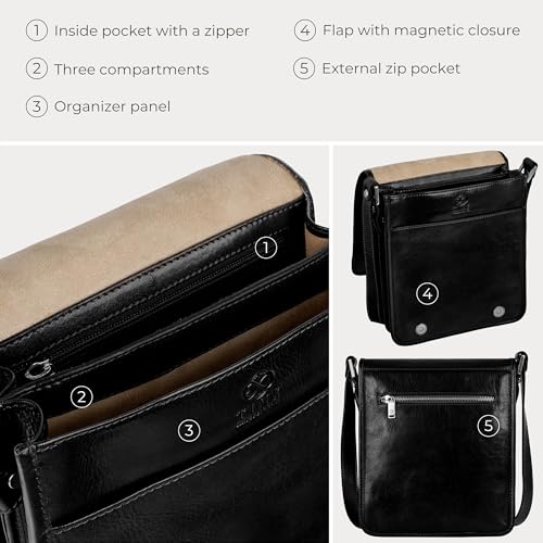 Image of Time Resistance Italian Leather Messenger Bag for Men - Full Grain Leather Men's Crossbody Bag - Tablet Sized Shoulder Bag