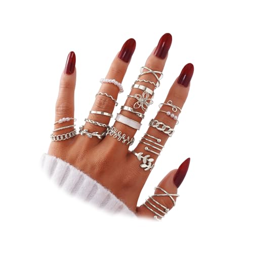 IFKM 21 Pcs Silver Knuckle Rings Set For Women Vintage Stackable Joint Finger Midi Rings Dainty Cubic Zirconia Crystal Simple Twist Hollow Cute Ring Pack Jewelry Gift