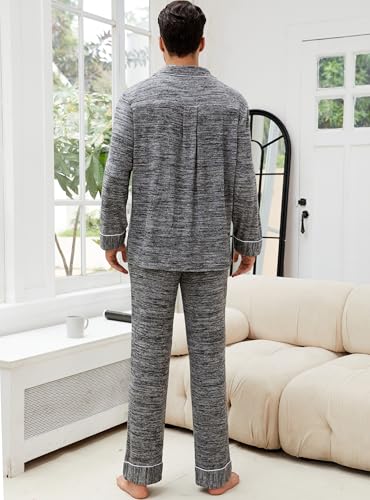Veseacky Mens Pajamas Set for Winter Long Sleeve Soft Pajamas for Men Button Down Sleepwear Nightwear Pjs Lounge Sets with Pockets (Dark Grey,M) — view 5