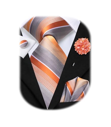 Image of Hi-Tie Men Silk Ties Set with Flower Lapel Pin Necktie Pocket Square Cufflinks for Tuxedo Wedding Business