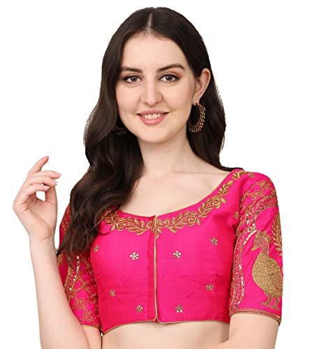Image of Pujia Mills Women's Phantom Silk Embroidery Handwork & Sequin Work Peacock Design Half Sleeve Readymade Blouse (Mor Blouse Gold 38 Size+Margin)