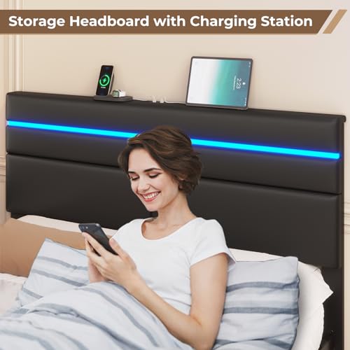 MSmask Queen Bed Frame with LED Lights and 4 Drawers, Upholstered Platform Bed Frame Queen Size with Lighted Storage Headboard & Footboard, Modern Black Futuristic Led Bed Frame, No Box Spring Needed - Thumbnail 4